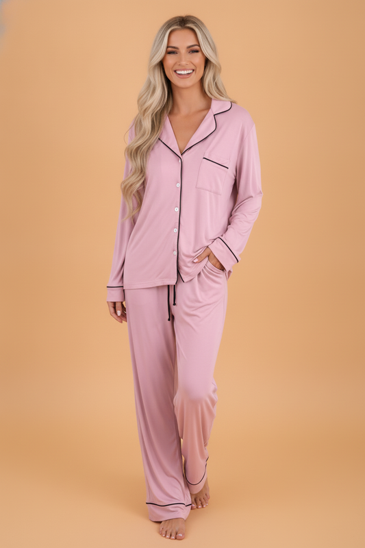 Contrast Trim Long Sleeve Top & Pants Pajama Set