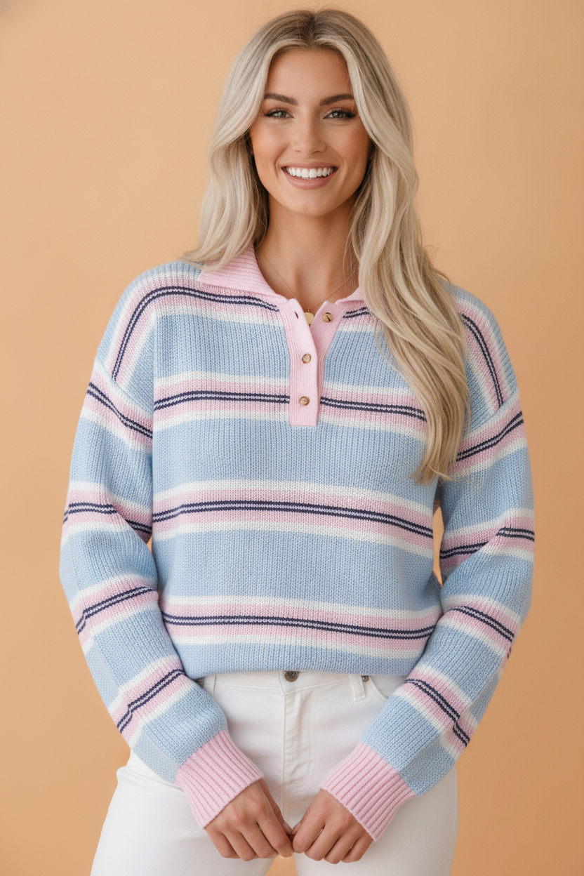 Stripe Ribbed Trim Buttoned Collar Long Sleeve Sweater