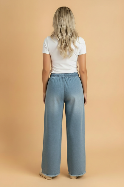 Floral Frayed Denim Raw Hem Wide Leg Jeans