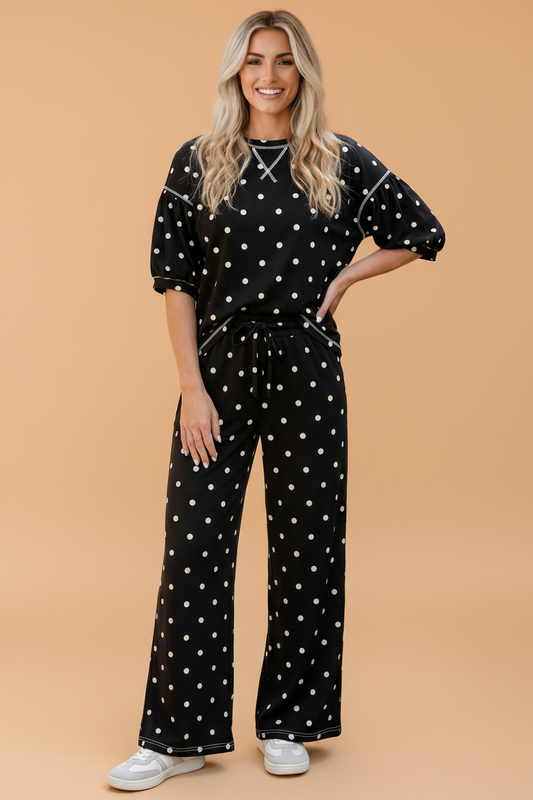 Polka Dot 3/4 Sleeve Top & Elastic Waist Pants Set