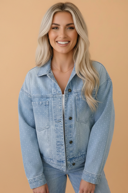 Polka Dot Denim Chest Pocket Collared Jacket