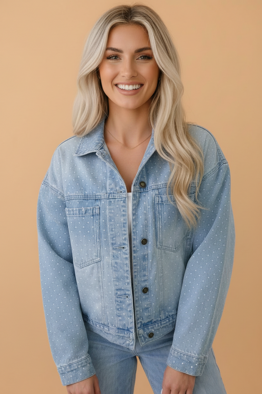 Polka Dot Denim Chest Pocket Collared Jacket