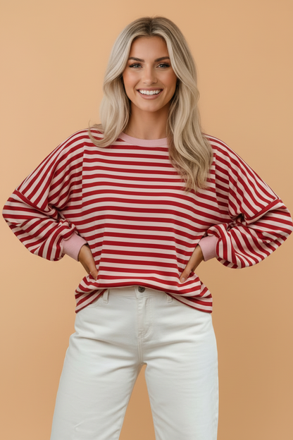 Stripe Cutout Open Back Long Sleeve Loose Top