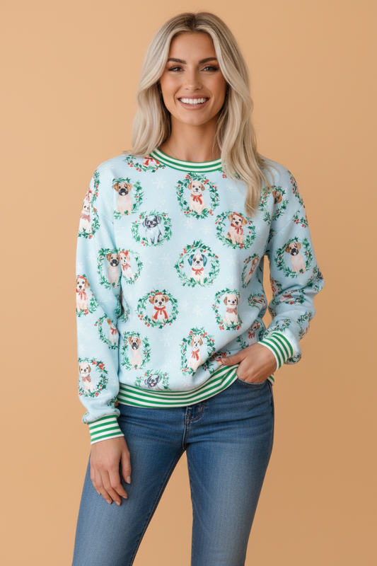 Christmas Wreath Dog Print Stripe Contrast Trim Sweatshirt