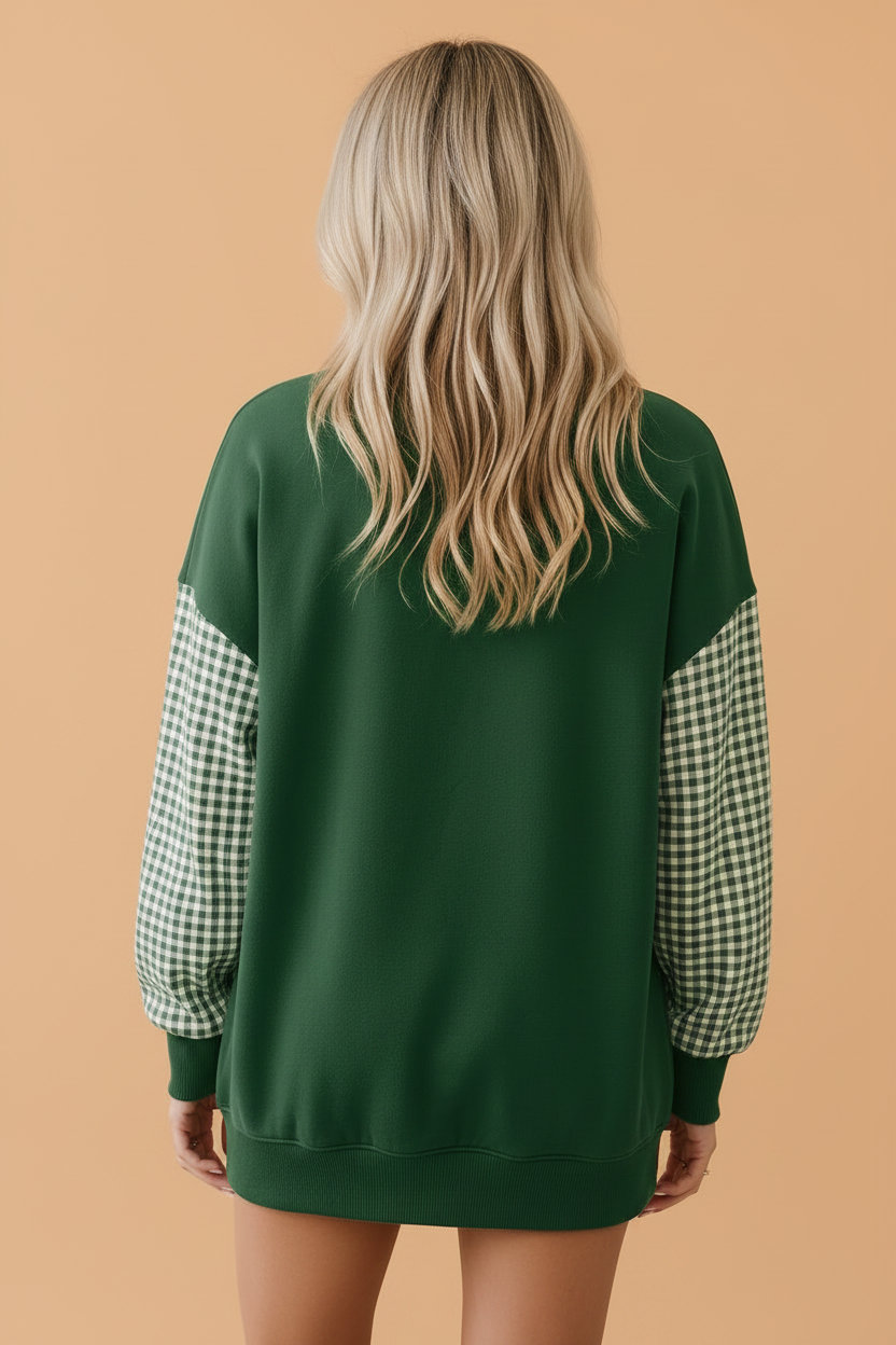 Gingham Colorblock Mock Neck Long Sleeve Sweatshirt