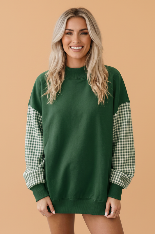 Gingham Colorblock Mock Neck Long Sleeve Sweatshirt