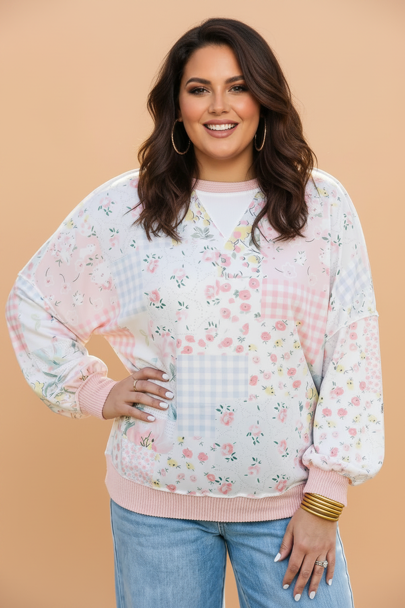 Plus Size Floral Patchwork Corded Knit Long Sleeve Top