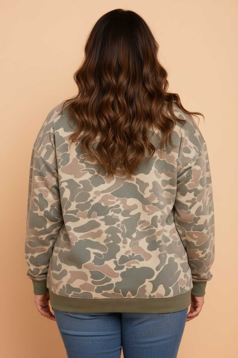 Plus Size Camo Round Neck Long Sleeve Sweatshirt
