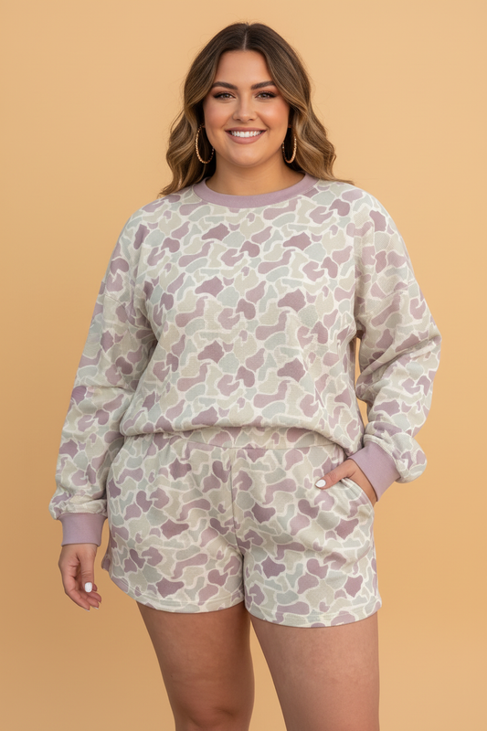 Plus Size Camo Waffle Knit Sweatshirt & Shorts Set
