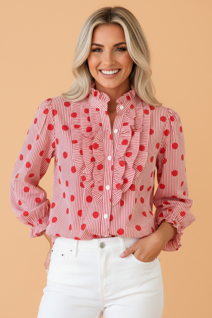 Polka Dot Stripe Ruffle 3/4 Sleeve Buttoned Shirt