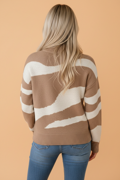 Abstract Ribbed Trim Mock Neck Sweater