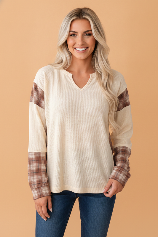 Plaid Patchwork Waffle Knit V-Neck Long Sleeve Top