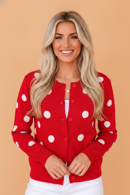 Polka Dot Button Front Sweater Knit Cardigan