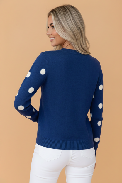 Polka Dot Button Front Sweater Knit Cardigan