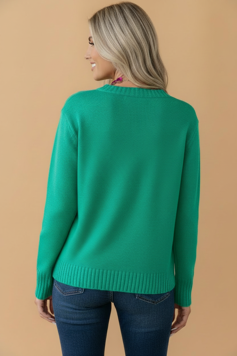 Merry Ribbed Trim Round Neck Long Sleeve Sweater