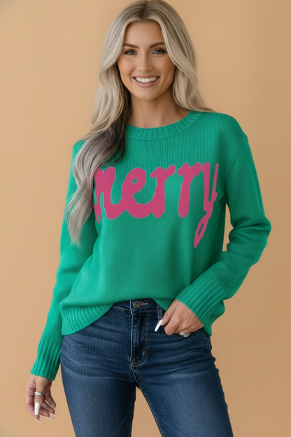 Merry Ribbed Trim Round Neck Long Sleeve Sweater