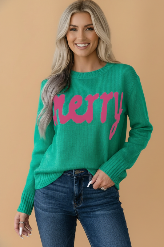 Merry Ribbed Trim Round Neck Long Sleeve Sweater
