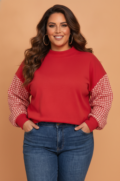 Plus Size Gingham Loose Fit Long Sleeve Sweatshirt