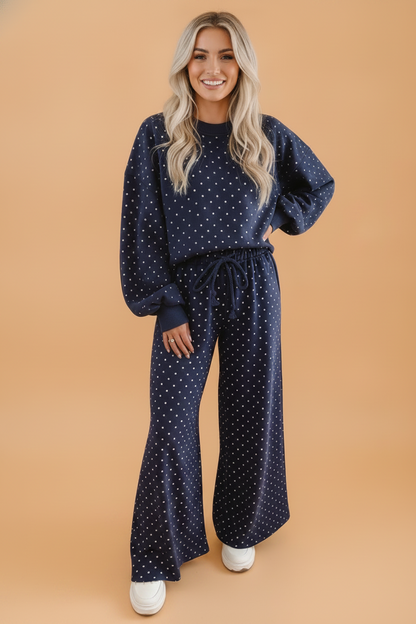 Polka Dot Long Sleeve Top & Wide Leg Pant Set