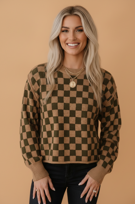 Checker Drop Shoulder Long Sleeve Knit Sweater