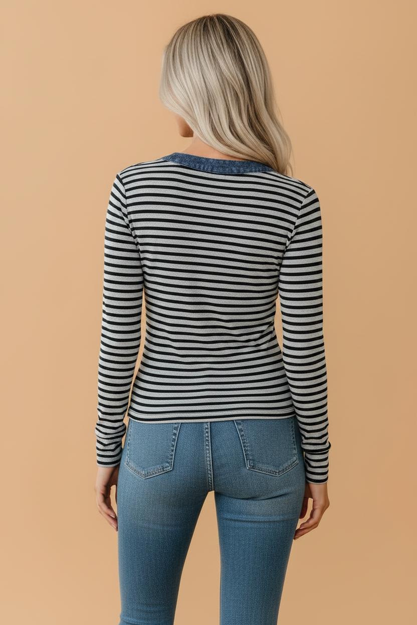 Stripe Denim Contrast Collar Long Sleeve Button Top