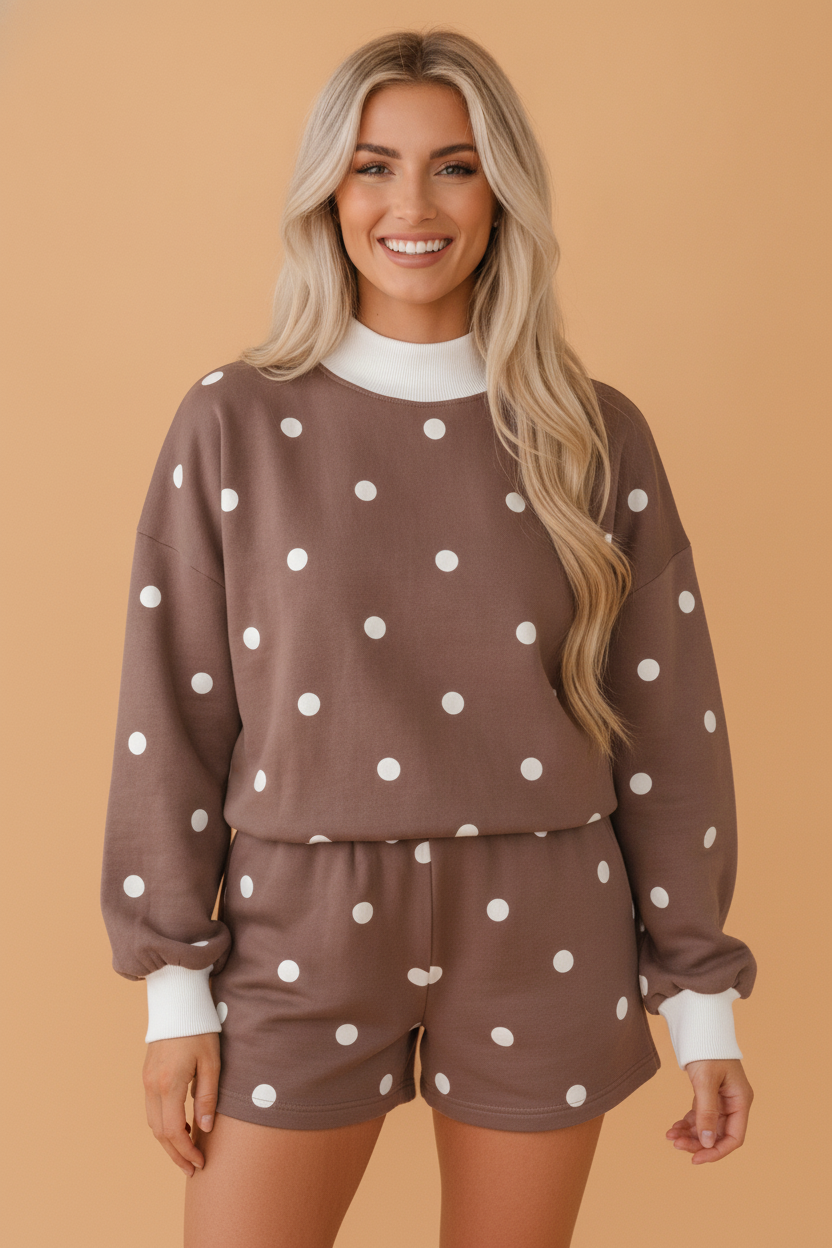 Polka Dot Ribbed Trim Long Sleeve Top and Short Set