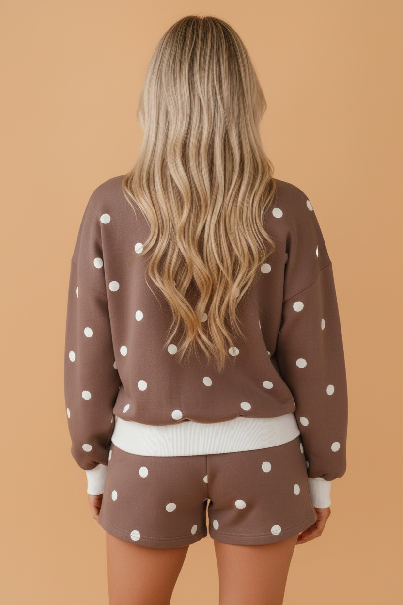 Polka Dot Ribbed Trim Long Sleeve Top and Short Set