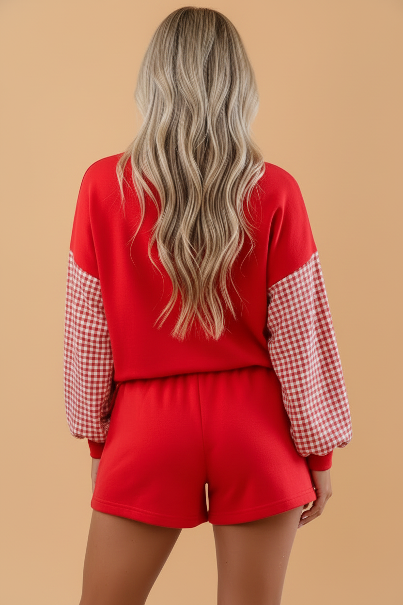 Gingham Patchwork Long Sleeve Top & Drawstring Shorts Set