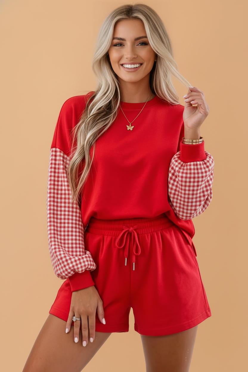Gingham Patchwork Long Sleeve Top & Drawstring Shorts Set