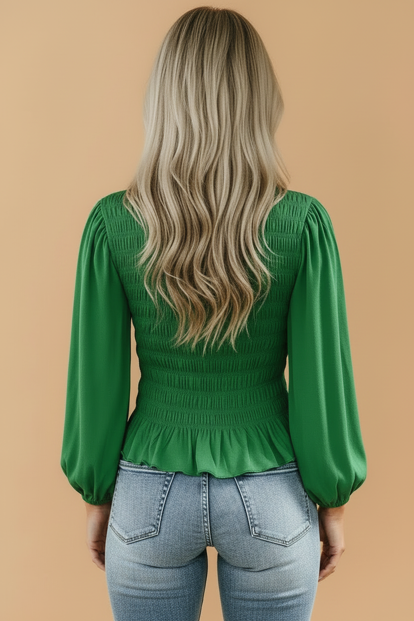 Solid Smocked Ruffle Hem Long Sleeve Blouse