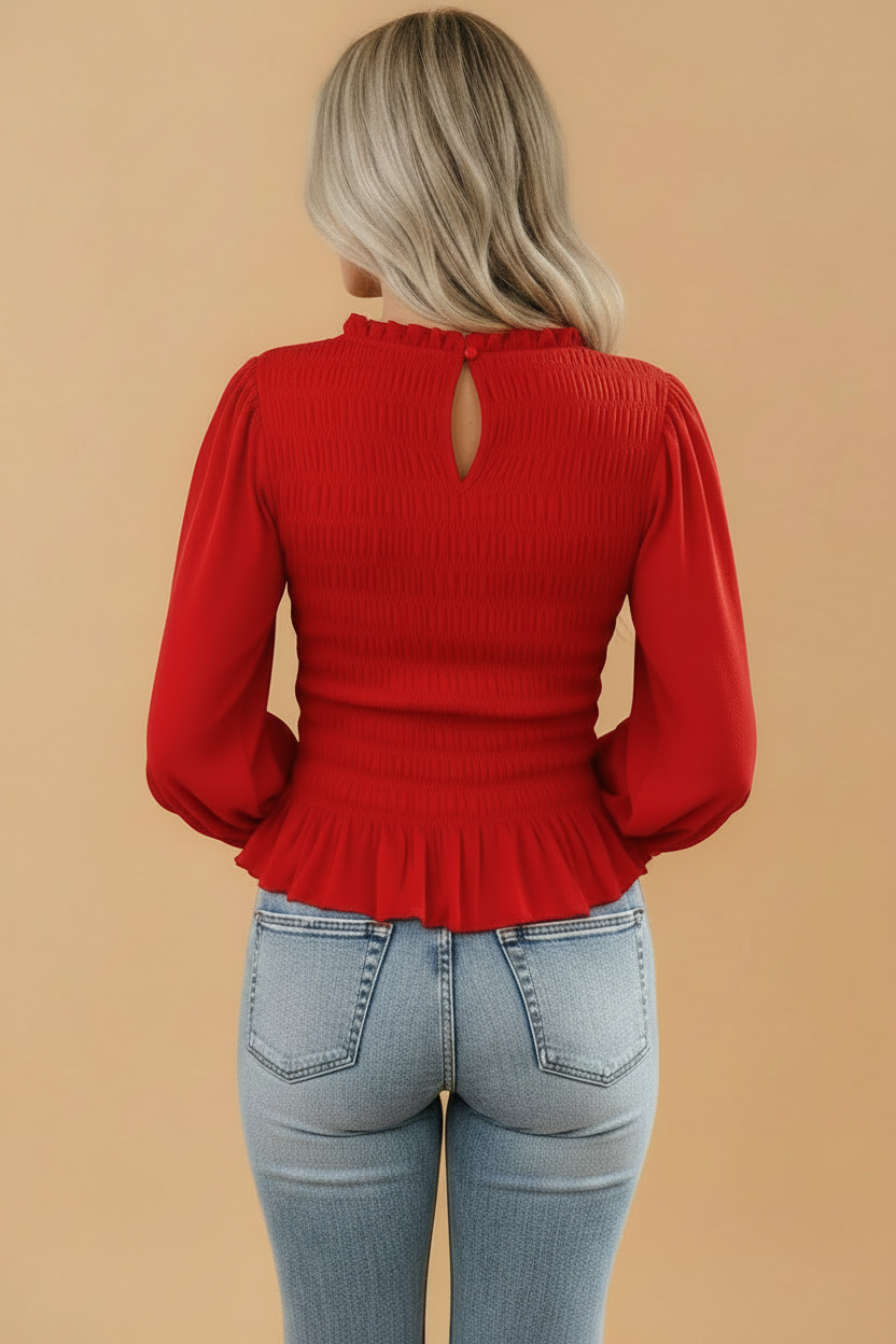 Solid Smocked Ruffle Hem Long Sleeve Blouse