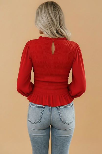 Solid Smocked Ruffle Hem Long Sleeve Blouse