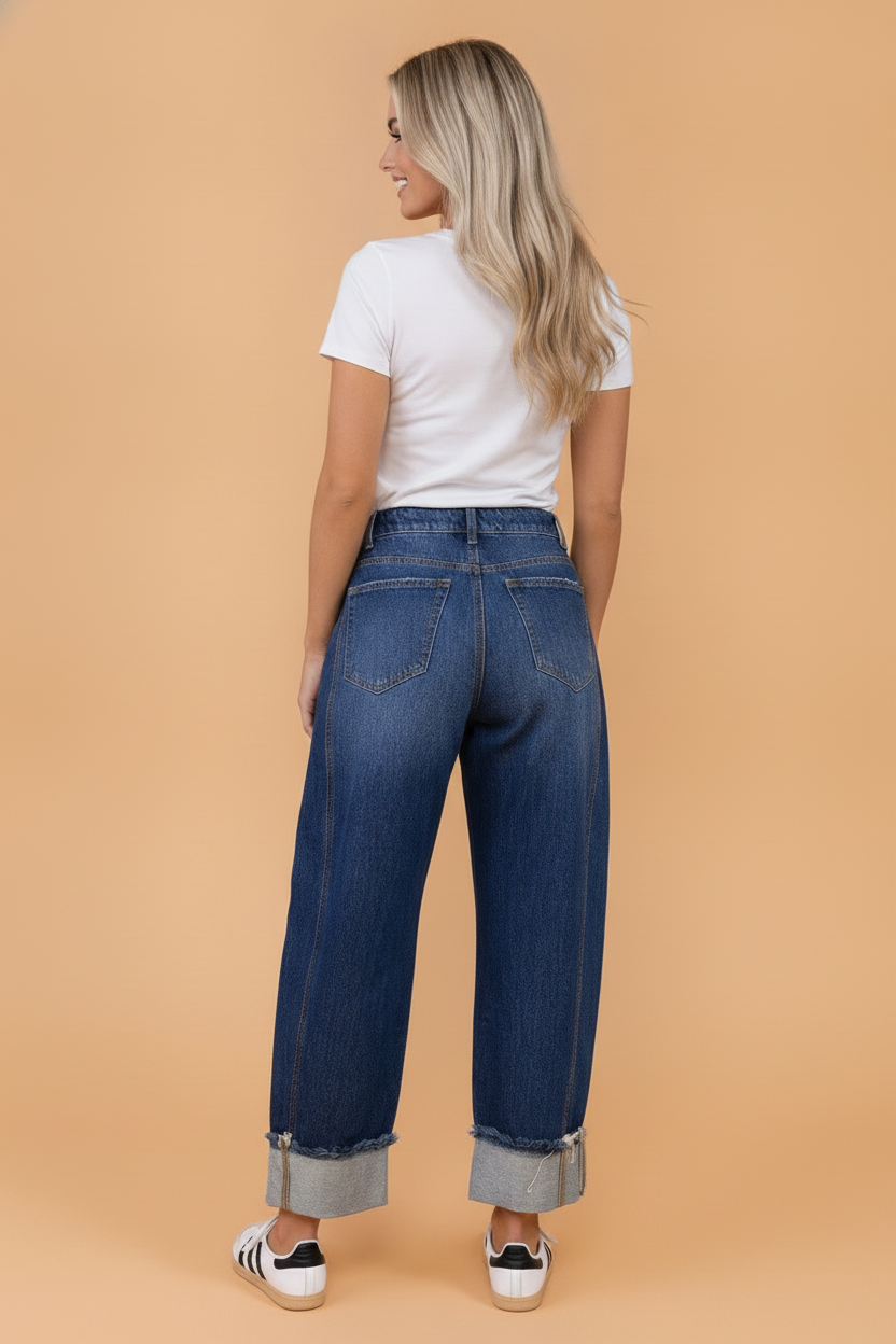 Solid Denim Raw Hem Turnup Ankle Length Jeans