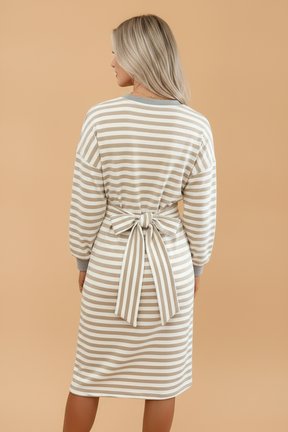 Stripe Colorblock Cuffs Round Neck Long Sleeve Dress