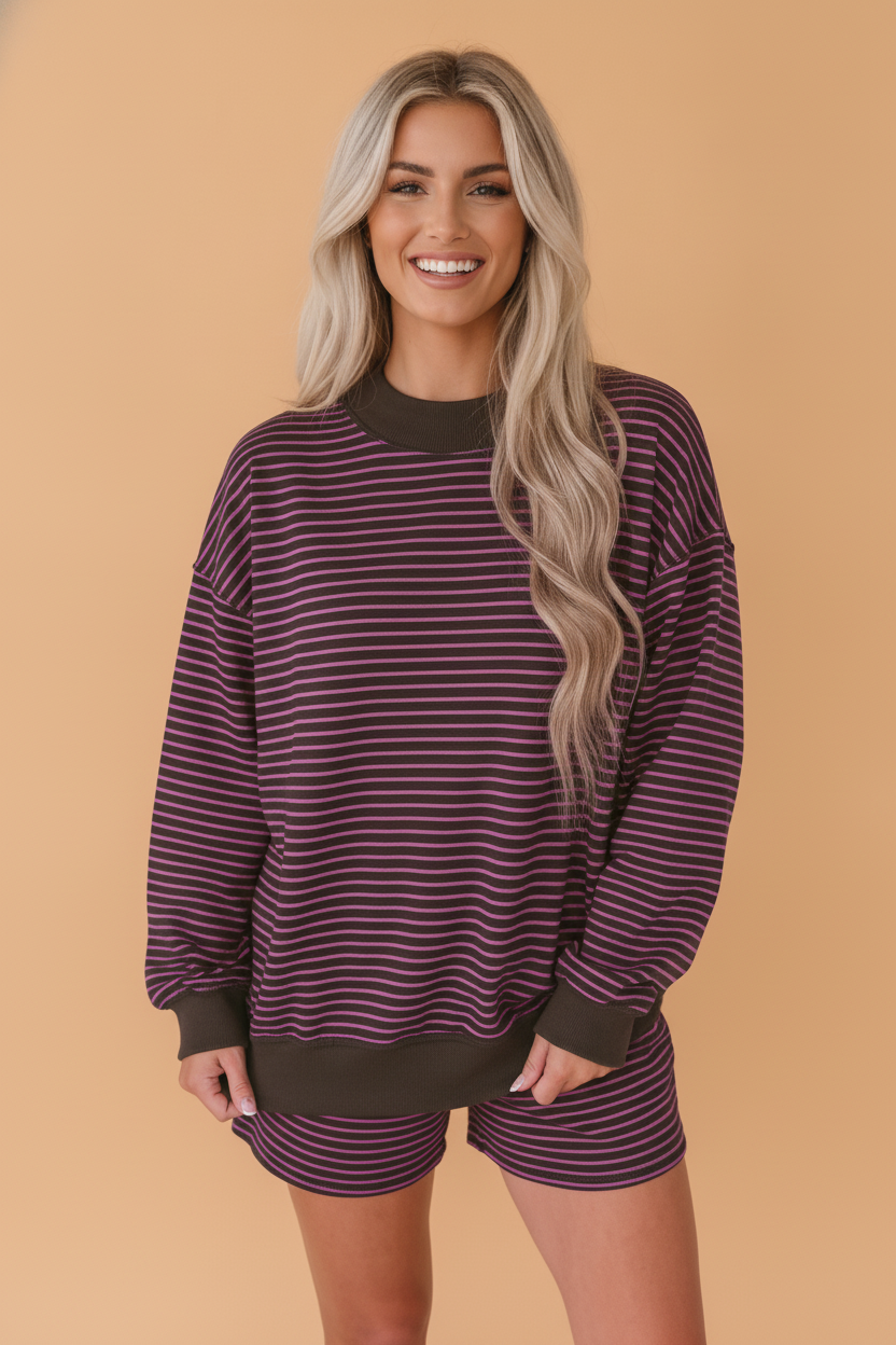 Stripe Ribbed Patchwork Mock Neck Pullover & Shorts Set