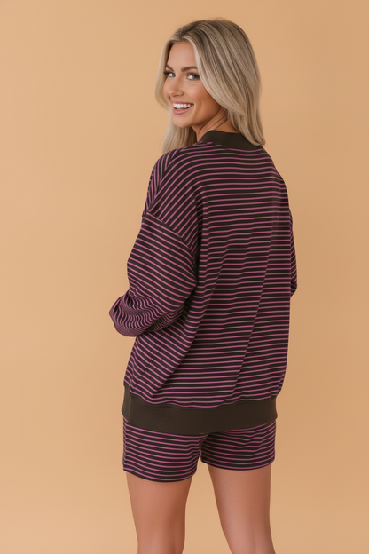 Stripe Ribbed Patchwork Mock Neck Pullover & Shorts Set