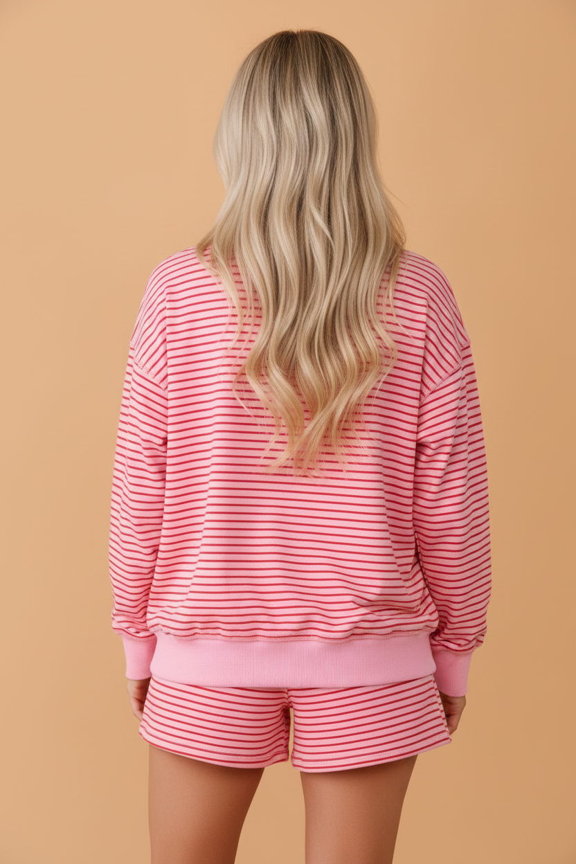 Stripe Ribbed Patchwork Mock Neck Pullover & Shorts Set