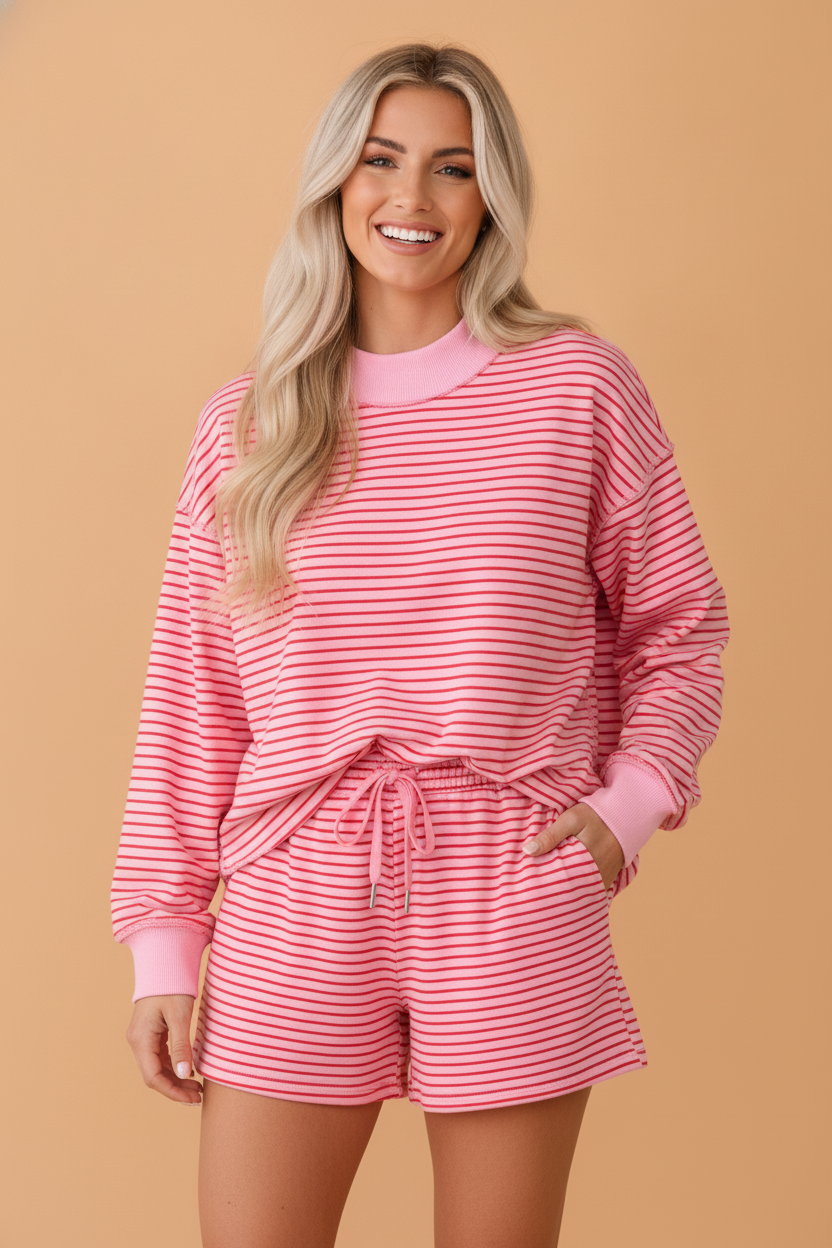 Stripe Ribbed Patchwork Mock Neck Pullover & Shorts Set