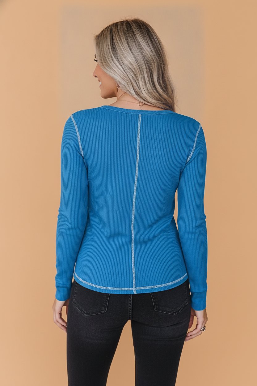 Solid Ribbed Contrast Stitching V-Neck Long Sleeve Top