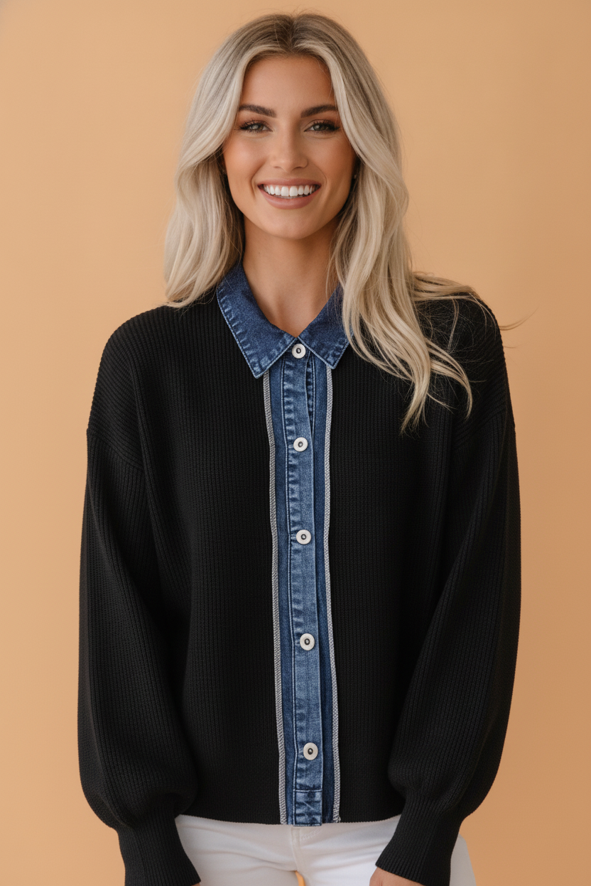 Drop Shoulder Placket Shirt Collar Long Sleeve Cardigan