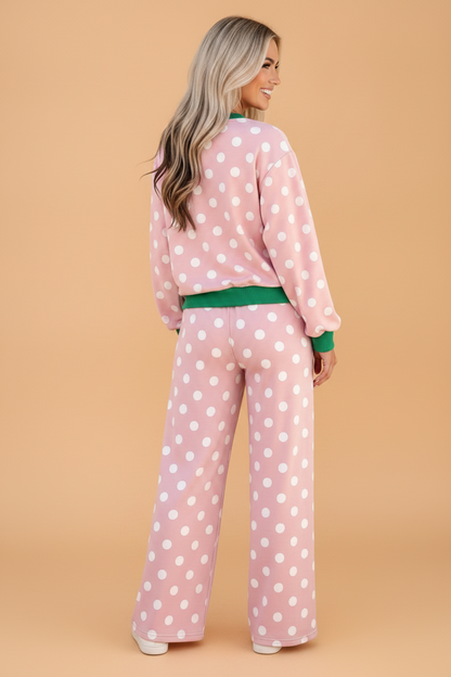 Polka Dot Contrast Trim Top & Drawstring Pants Set