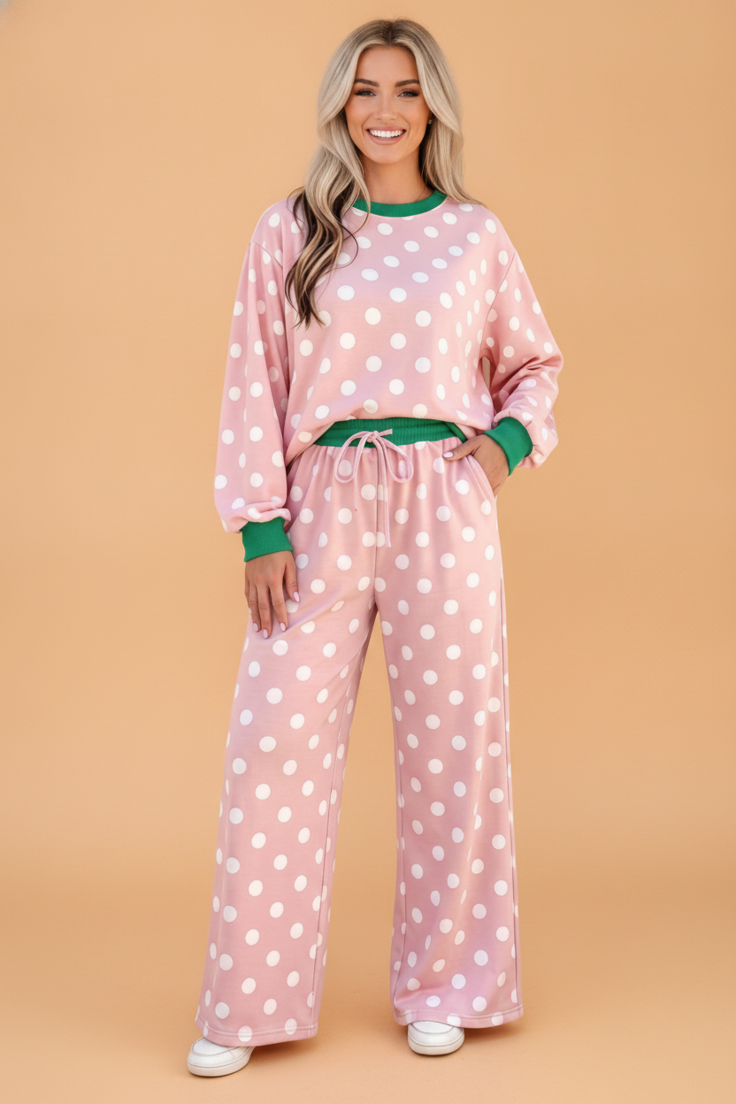 Polka Dot Contrast Trim Top & Drawstring Pants Set