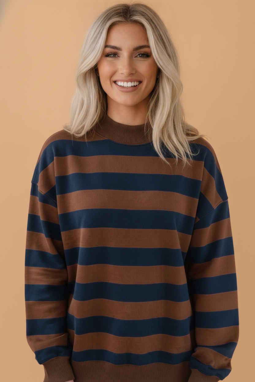 Stripe Colorblock Mock Neck Long Sleeve Sweatshirt
