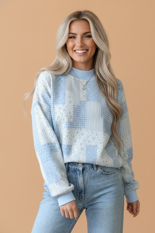 Floral Patchwork Mock Neck Long Sleeve Sweatshirt