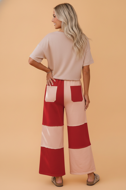Colorblock Raw Seam Wide Leg Ankle Length Pants