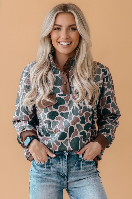 Retro Camouflage Colorblock Button Pullover Sweatshirt