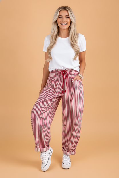 Stripe High Waist Drawstring Loose Pants