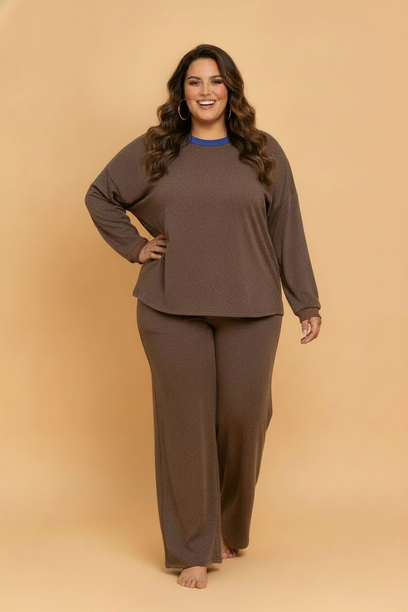 Plus Size Patchwork Colorblock Long Sleeve Top & Pant Set