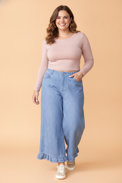 Plus Size Denim Ruffle Hem Wide Leg Jeans