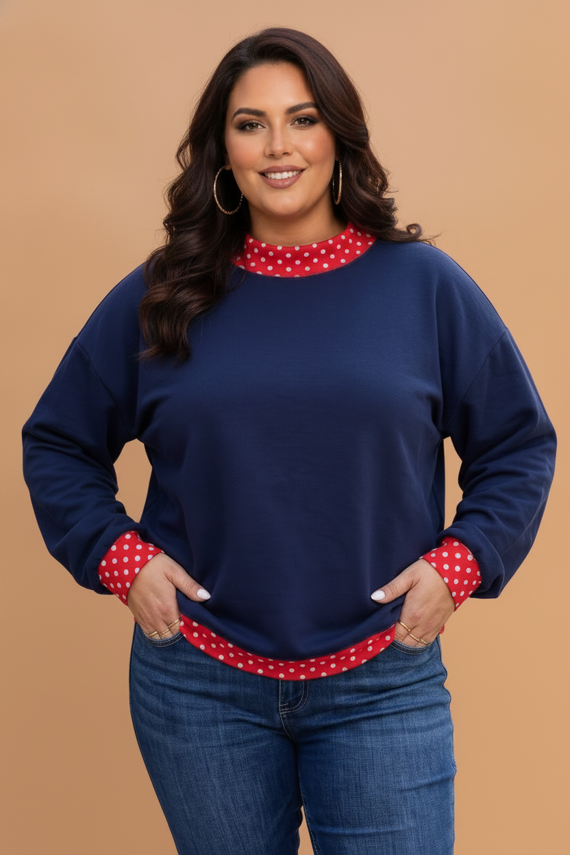 Plus Size Polka Dot Contrast Trim Mock Neck Sweatshirt